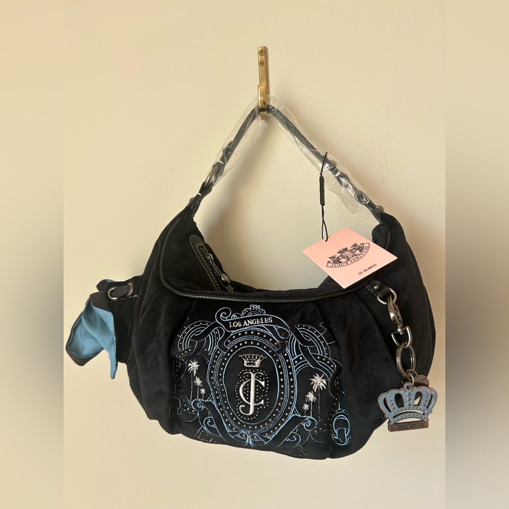 Juicy Couture UK Black blue velour Hobo Bag with silver bag charms